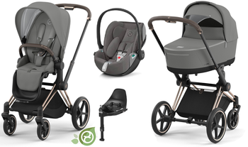 Cybex Priam 4.0 Kinderwagen Conscious Green Leaf + Cloud Z2 Autositz 0-13 kg + Base Z2 4in1 Set Eco Pearl Grey