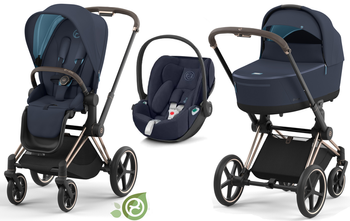 Cybex e-Priam 3.0 Wózek Głęboko-Spacerowy Conscious Green Leaf + Cloud Z2 Fotelik Samochodowy 0-13 kg Zestaw 3w1 Eco Dark Navy