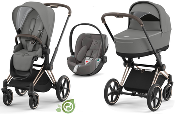 Cybex e-Priam 3.0 Wózek Głęboko-Spacerowy Conscious Green Leaf + Cloud Z2 Fotelik Samochodowy 0-13 kg Zestaw 3w1 Eco Pearl Grey